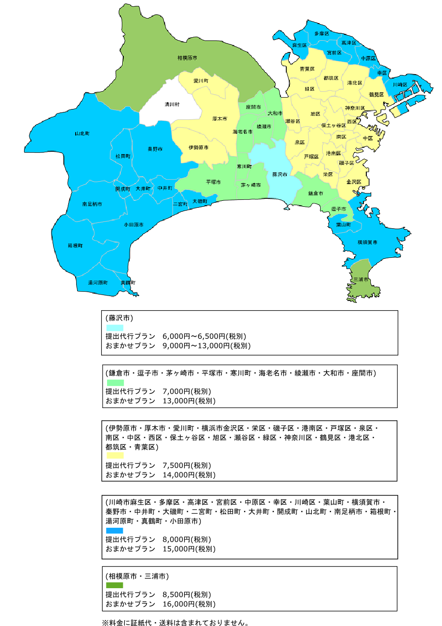 (藤沢市)提出代行プラン6,600円(税込)～(鎌倉市・逗子市・茅ヶ崎市・平塚市・寒川町・海老名市・綾瀬市・大和市・座間市)提出代行プラン7,700円(税込)～お(伊勢原市・厚木市・愛川町・横浜市金沢区・栄区・磯子区・港南区・戸塚区・泉区・南区・中区・西区・保土ヶ谷区・旭区・瀬谷区・緑区・神奈川区・鶴見区・港北区・都筑区・青葉区)提出代行プラン8,250円(税込)～(川崎市麻生区・多摩区・高津区・宮前区・中原区・幸区・川崎区・葉山町・横須賀市・秦野市・中井町・大磯町・二宮町・松田町・大井町・開成町・山北町・南足柄市・箱根町・湯河原町・真鶴町・小田原市)提出代行プラン8,800円(税込)～(相模原市・三浦市)提出代行プラン9,350円(税込)～※料金に証紙代・送料は含まれておりません